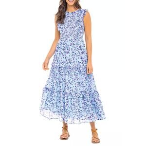 Banjanan Size Large Iris Cotton Midi Dress Smocked Bodice Tiered Skirt